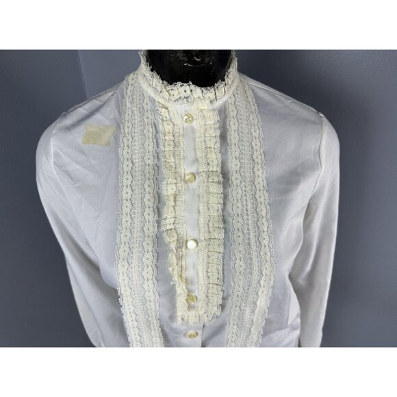 Vtg Lady Holiday Secretary Blouse w Lace Fitted Long Sleeves Ivory 36x24.5” - Picture 3 of 16